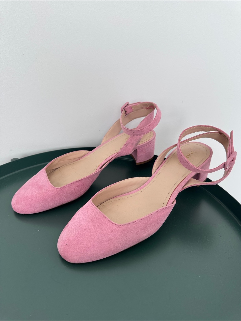 Mango Pink Suede Ankle-Strap Block Heels